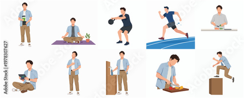 Flat Design Full Body Man Daily Activity Lifestyle Illustration