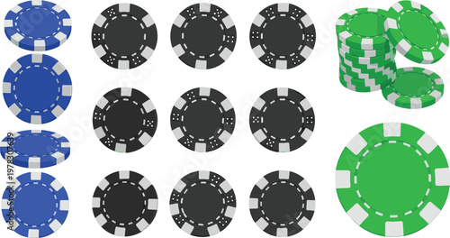 Casino poker chips vector set with blue, black and green stacks isolated on background, gambling tokens collection in flat design style illustration