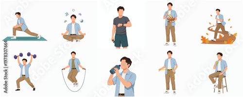 Flat Illustration of A Young Man Doing Various Activities Concept
