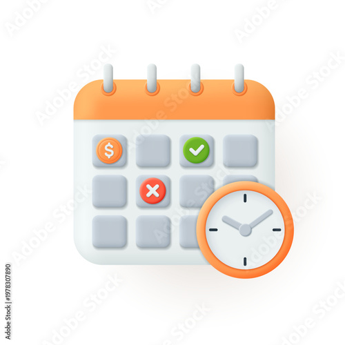 Calendar planner with flip pages, marked with dates and symbols of checkmarks, crosses, and money. Concept of planning, results, and time management. Vector 3D illustration.