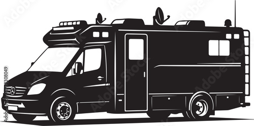 Motorhome, camper van, RV illustration, black silhouette, travel vehicle