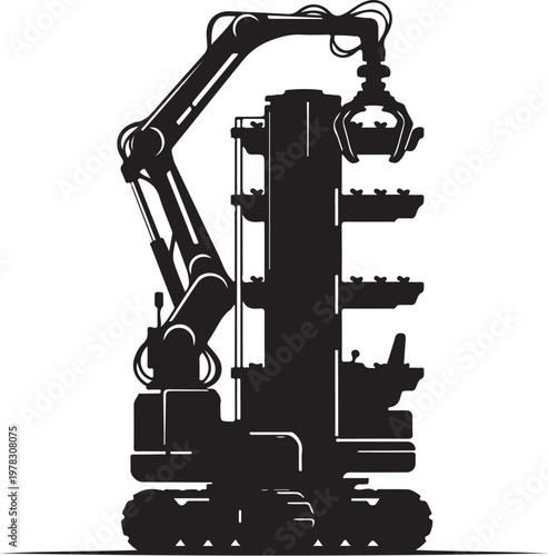 Industrial excavator, heavy machinery, construction equipment, black silhouette