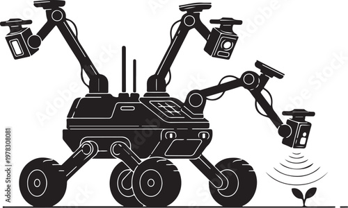 Robotic farming vehicle, autonomous agricultural robot, black vector illustration, precision farming equipment