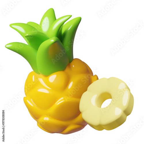 Pineapple 3d icon with a whole fruit and a slice. Cute plastic style vector illustration isolated on white background.