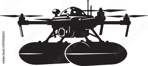 Drone, quadcopter, aerial vehicle, black silhouette, vector icon