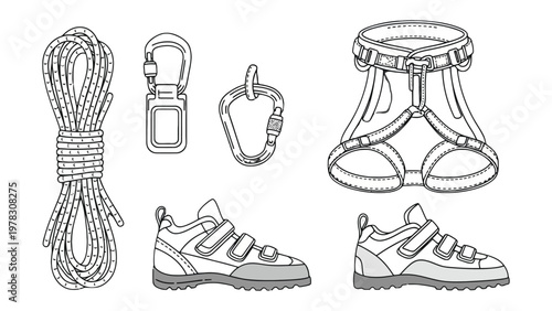 Essential Climbing Gear Illustration: A detailed illustration showcasing all the vital components needed for a safe and successful climb. Rope, carabiner, harness.