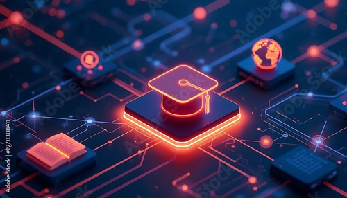 E-Learning Education Network AI Graduation Cap Node Flowchart Concept