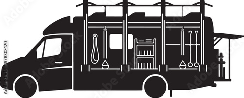 Black silhouette van conversion, campervan interior, cargo van organization, mobile workspace