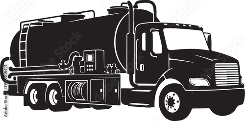 Black oil tanker truck, fuel transportation vehicle, industrial semi-truck, silhouette illustration