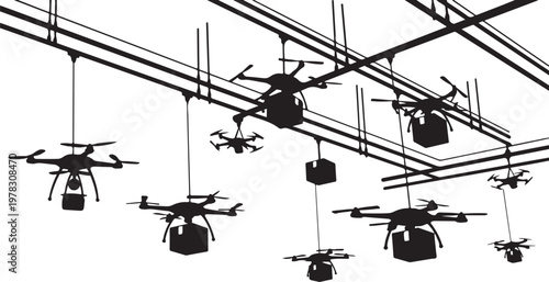 Drone, helicopter, and aircraft silhouettes, industrial hangar scene, transportation icons, aviation symbols