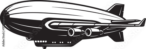 Vintage airship, black and white zeppelin, air travel icon, retro aircraft