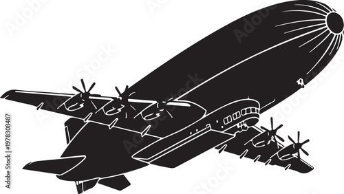 Vintage airship, zeppelin, black silhouette, vector aircraft, propellers