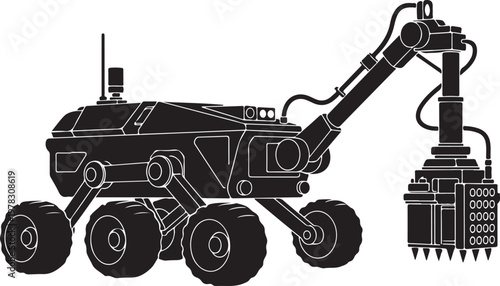 Robotic Mars Rover, Space Exploration Vehicle, Black Outline Illustration, Vector Robot