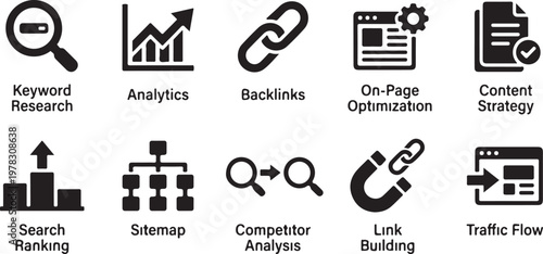 seo strategy and digital marketing concepts flat design vector illustration with icons and keywords