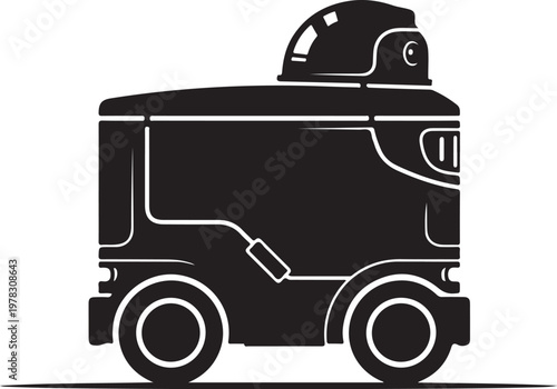 Black food delivery robot, futuristic vector illustration, modern food truck, autonomous vehicle