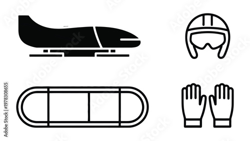Bobsleigh Equipment Essentials: A collection of essential equipment for the sport of bobsleigh, including a streamlined sled, a protective helmet with visor, a pair of sturdy gloves, and a race track.