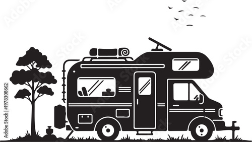 Camping RV, motorhome, caravan, travel trailer, vector icon