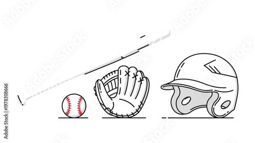 Baseball Essentials: A simple, outlined illustration featuring the core equipment: a baseball, bat, glove, and helmet.