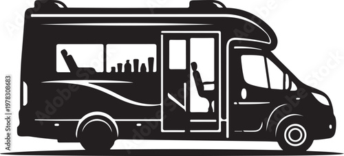 Motorhome, RV, camper van, recreational vehicle, travel trailer, vector icon