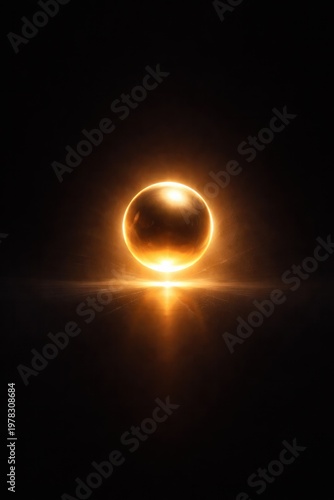 Glowing golden sphere in dark minimal space, abstract energy and luxury concept, vertical composition.