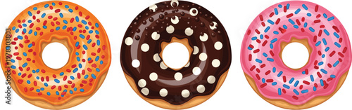 Colorful donut vector set featuring glazed chocolate and strawberry donuts with sprinkles in delicious cartoon style illustration isolated on clean background