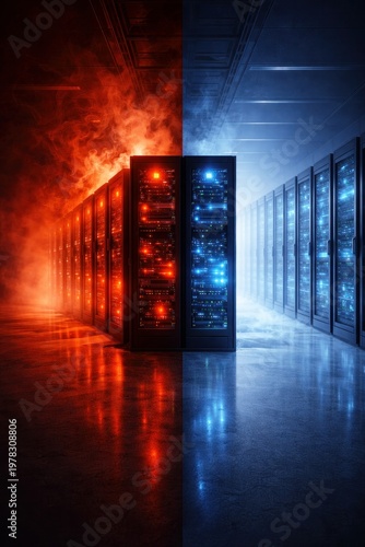 Split data center with hot and cold zones, cooling and overheating contrast in server infrastructure concept.