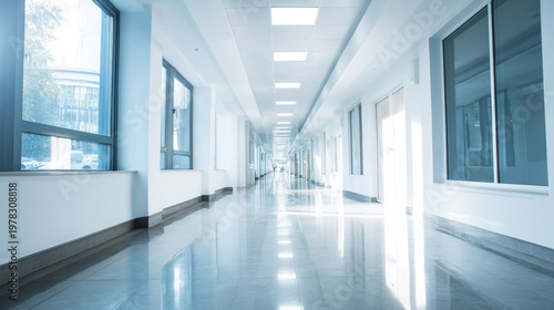 Bright modern corridor interior with glossy floors reflecting light, leading to a distant entrance or exit