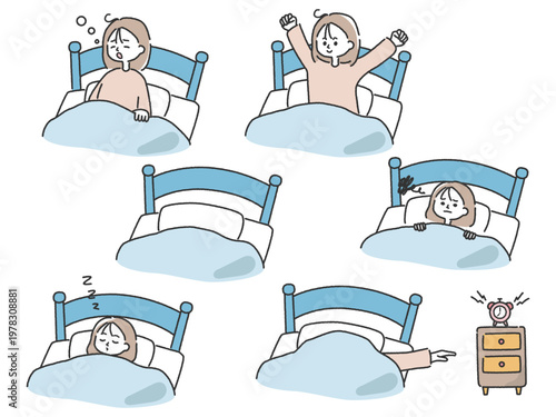 ベッドで若い女性が寝たり起きたりする色々なバリエーションのイラストセット