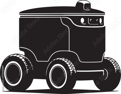 Vector food delivery robot, black food truck icon, robotic takeout vehicle, futuristic delivery cart