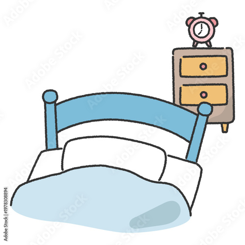 ベッドとサイドボードと目覚まし時計のシンプルなイラスト