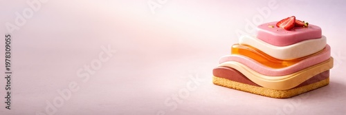Minimal layered dessert on pastel background, modern food design with copy space, wide banner.