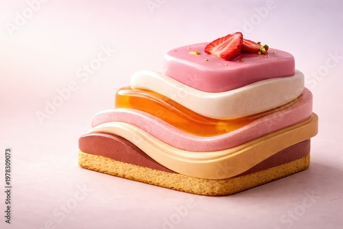 Modern layered dessert with cream and strawberry, minimal food styling and gourmet concept.