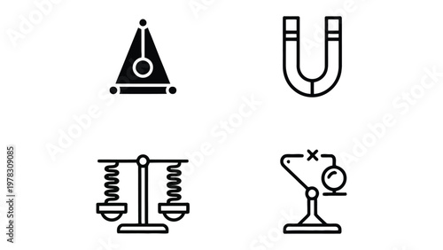 Science Icons: A collection of precise illustrations featuring a pendulum, a horseshoe magnet, a balance scale, and an electroscope.
