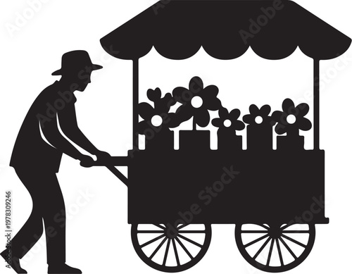 Black silhouette flower vendor cart, wheelbarrow with flowers, gardening illustration, floral market icon