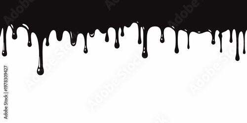 Black liquid drips and flows across a stark white background