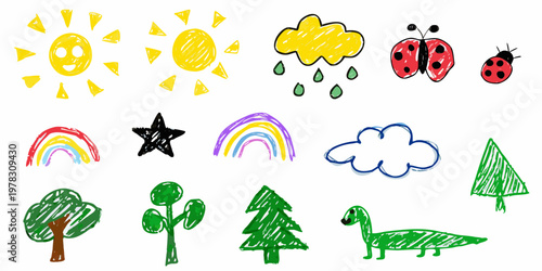 Child s drawing featuring suns rainbows a ladybug and other whimsical shapes