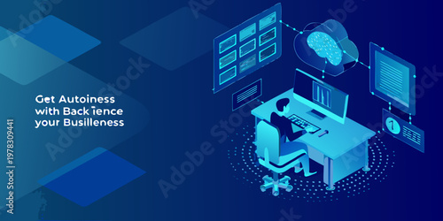 Isometric illustration depicting ai data analysis and modern office workspace
