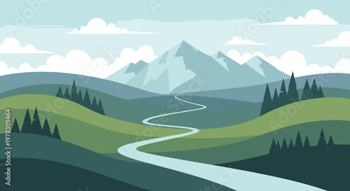 A serene, stylized forest scene evoking peace and tranquility. Suitable for nature-themed marketing or adding a calming background to websites.