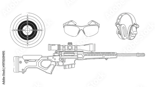 Target Shooting Gear: A collection of precision shooting equipment, including a high-powered rifle with a scope, safety glasses, earmuffs, and a bullseye target, ready for action.