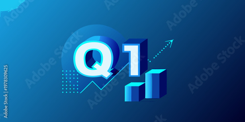 First quarter results displayed with a rising bar graph and letter q