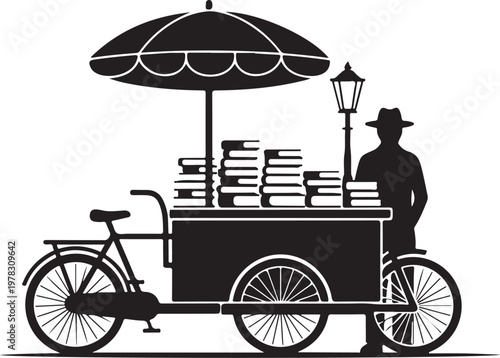 Vintage bicycle book cart, book vendor, street seller, black silhouette