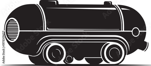Industrial steam locomotive, vintage train, black and white illustration, transportation icon