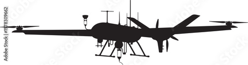 Black drone silhouette, aircraft icon, vector illustration, quadcopter symbol