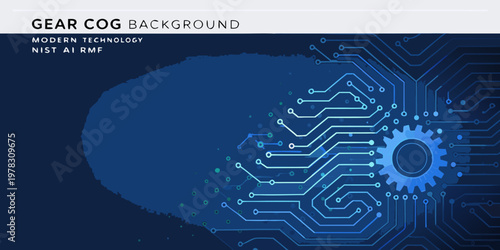 Abstract blue background featuring gear cogs and circuit board patterns