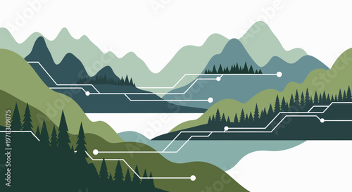 A calming, stylized graphic depicts a forest scene. Suitable for nature-themed projects, representing growth, tranquility, and connection to the outdo