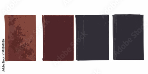 Four closed books displayed in varying shades of red to black