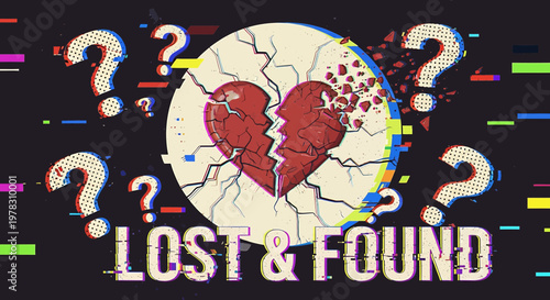 Broken heart concept with question marks and glitch effect a symbol of lost love, relationship problems, heartbreak, and emotional confusion digital art style illustration