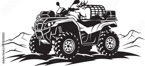 Off-road ATV vehicle, all-terrain quad bike, black and white illustration, outdoor adventure