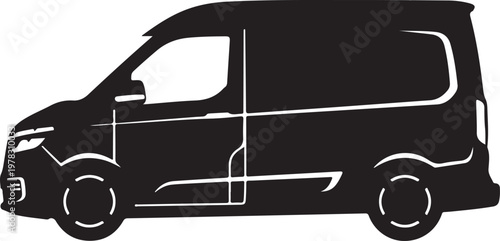 Black van silhouette, vehicle icon, transportation symbol, delivery truck outline