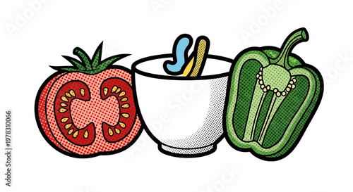 Pop art style illustration of a sliced tomato, a white bowl with a spoon, and a sliced green bell pepper, vibrant food graphic design elements